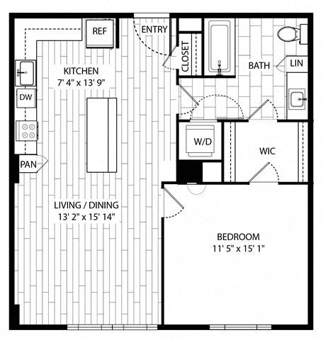Floor plan for 1 bed, 1 bath, 747 sqft